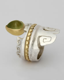 Exotic bird 'Stacking Ring' in silver and 18K gold with Prehnite stone